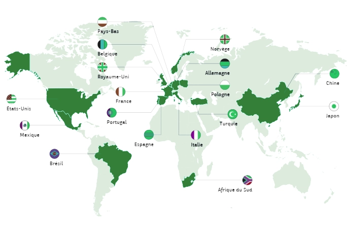 A map that shows countries in which people were interviewed for the 2026 Automotive Cetelem Observatory: Netherlands, Belgium, United-Kingdom, France, Spain, Italia, Turkey, Poland, Germany, Norway, South Africa, China, Japan, United-States, Mexico, Brasil.